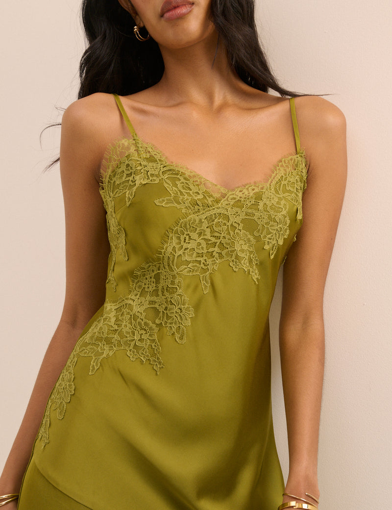 Green Lace Trim Satin Slip Dress