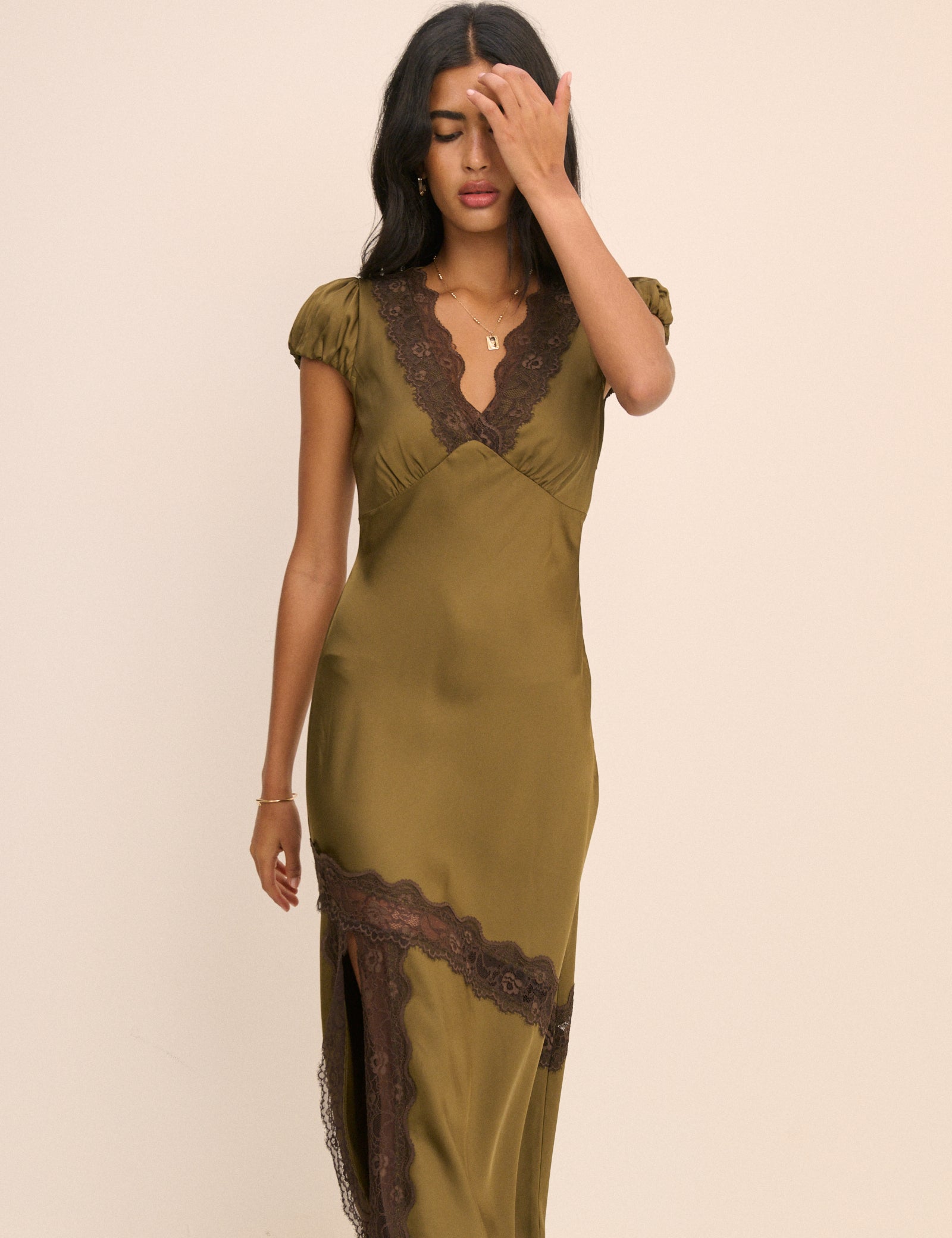 Khaki Lace Trim Satin Gloria Maxi Dress