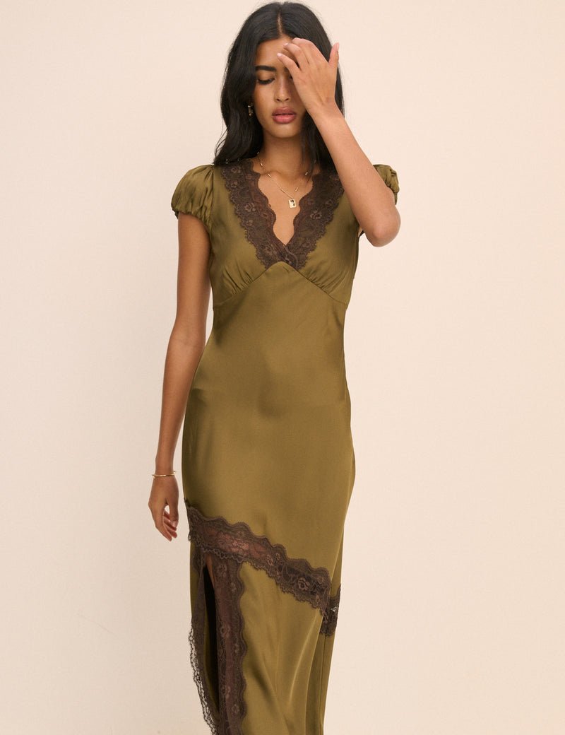 Khaki Lace Trim Satin Gloria Maxi Dress