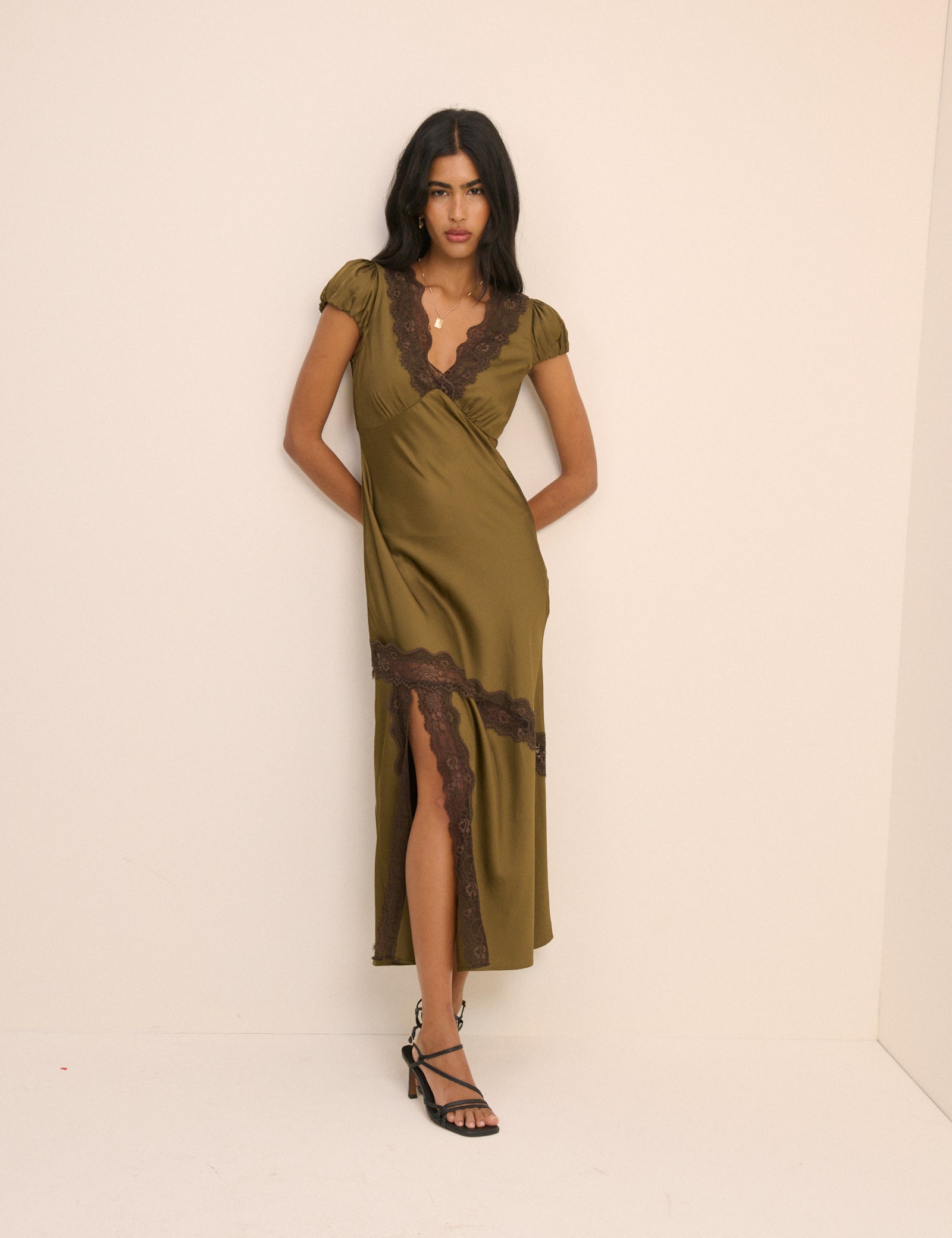 Khaki Lace Trim Satin Gloria Maxi Dress