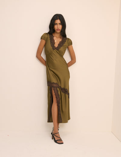 Khaki Lace Trim Satin Gloria Maxi Dress
