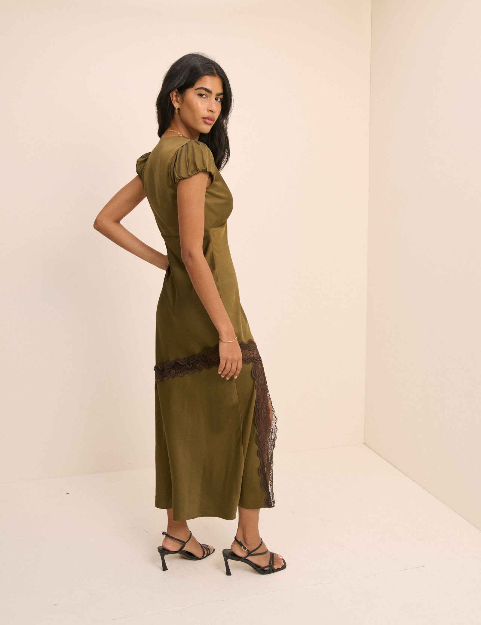 Khaki Lace Trim Satin Gloria Maxi Dress