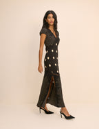 Black Polka Dot Lace Trim Satin Gloria Maxi Dress