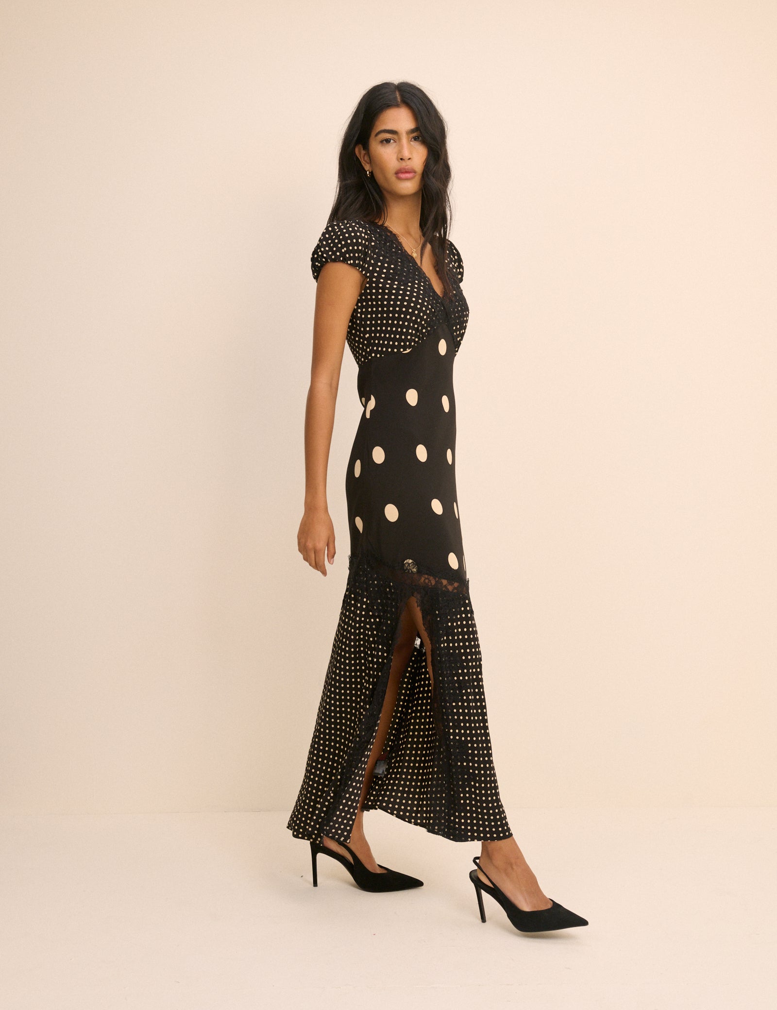 Black Polka Dot Lace Trim Satin Gloria Maxi Dress