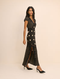 Black Polka Dot Lace Trim Satin Gloria Midi Dress