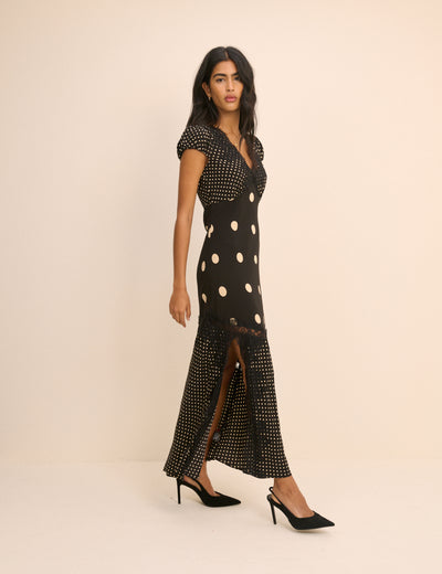 Black Polka Dot Lace Trim Satin Gloria Maxi Dress