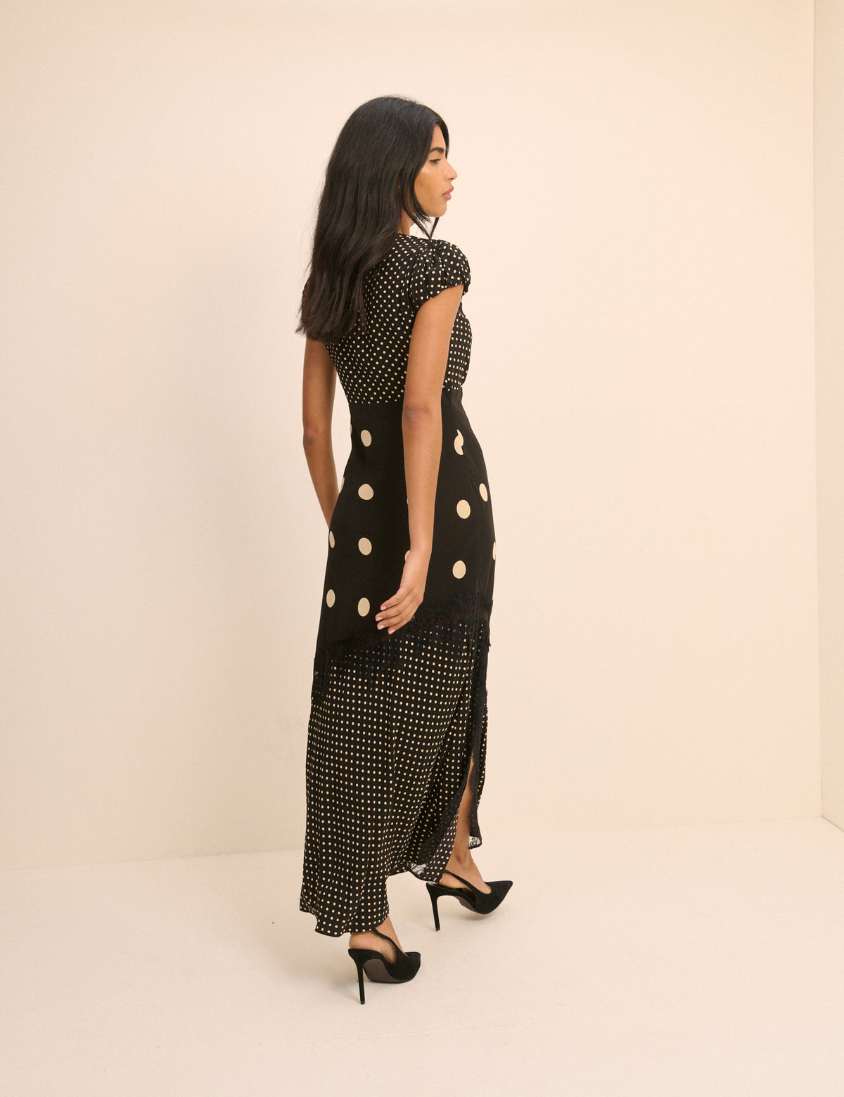 Black Polka Dot Lace Trim Satin Gloria Maxi Dress