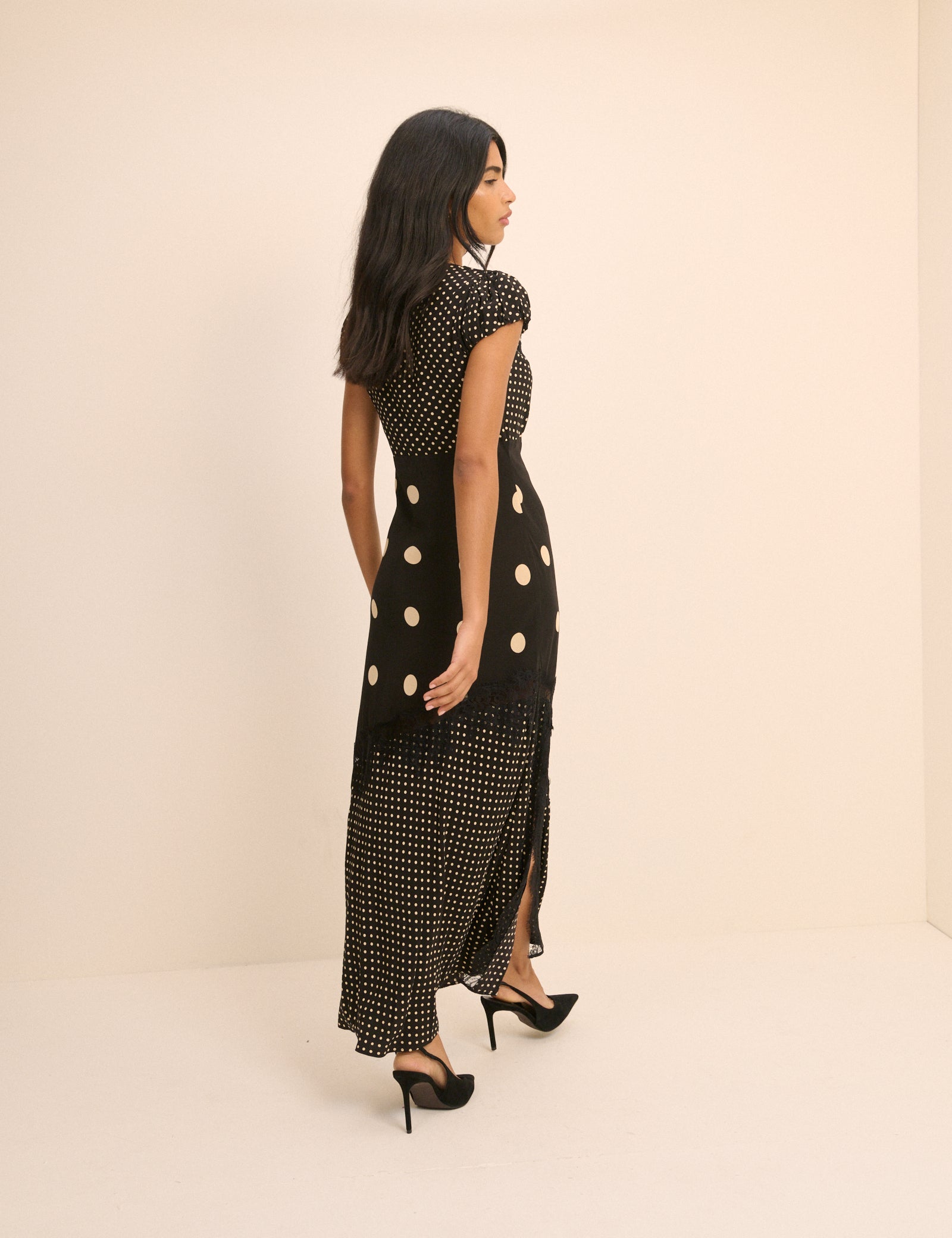 Black Polka Dot Lace Trim Satin Gloria Maxi Dress