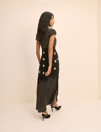 Black Polka Dot Lace Trim Satin Gloria Midi Dress