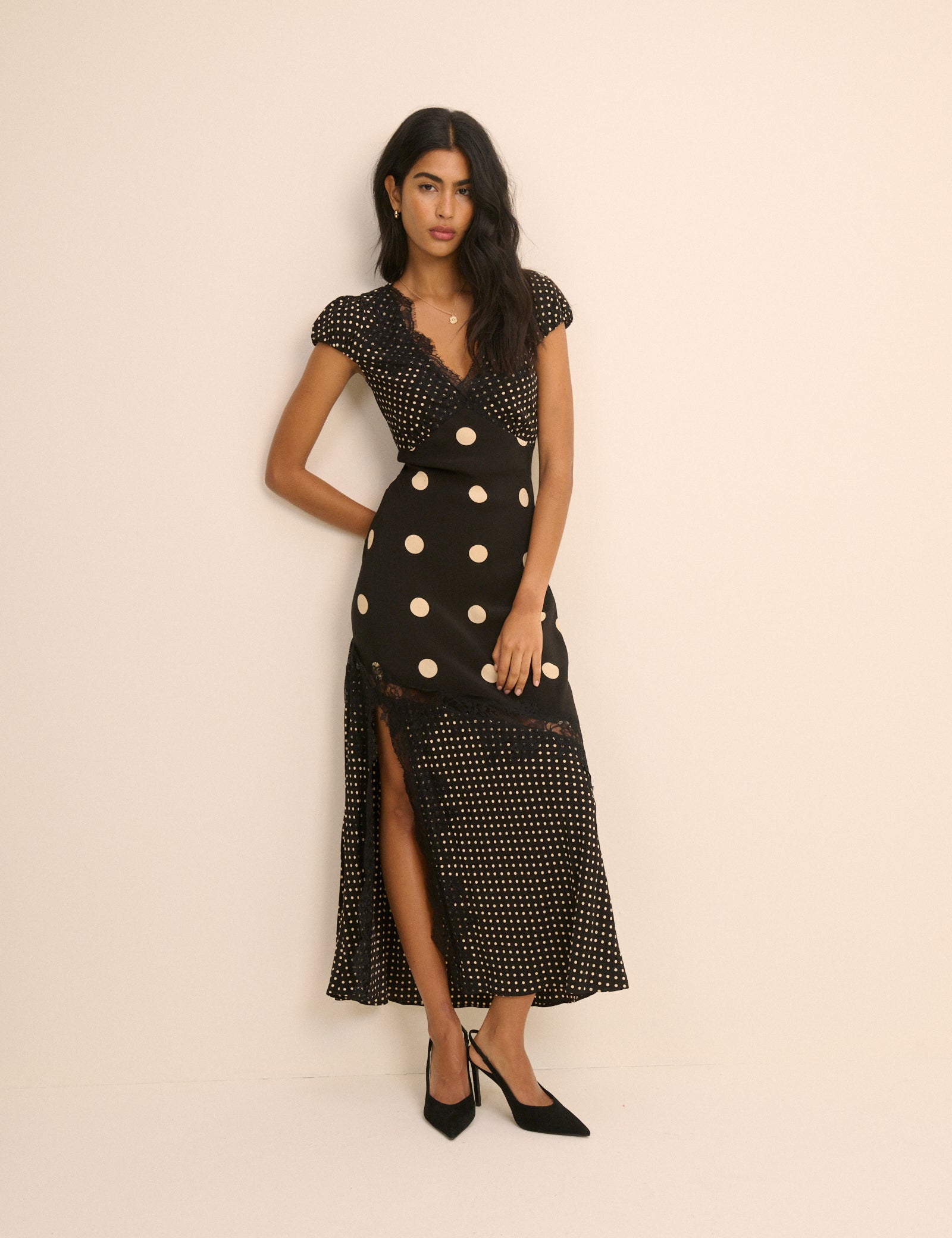 Black Polka Dot Lace Trim Satin Gloria Maxi Dress