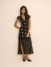 Black Polka Dot Lace Trim Satin Gloria Midi Dress