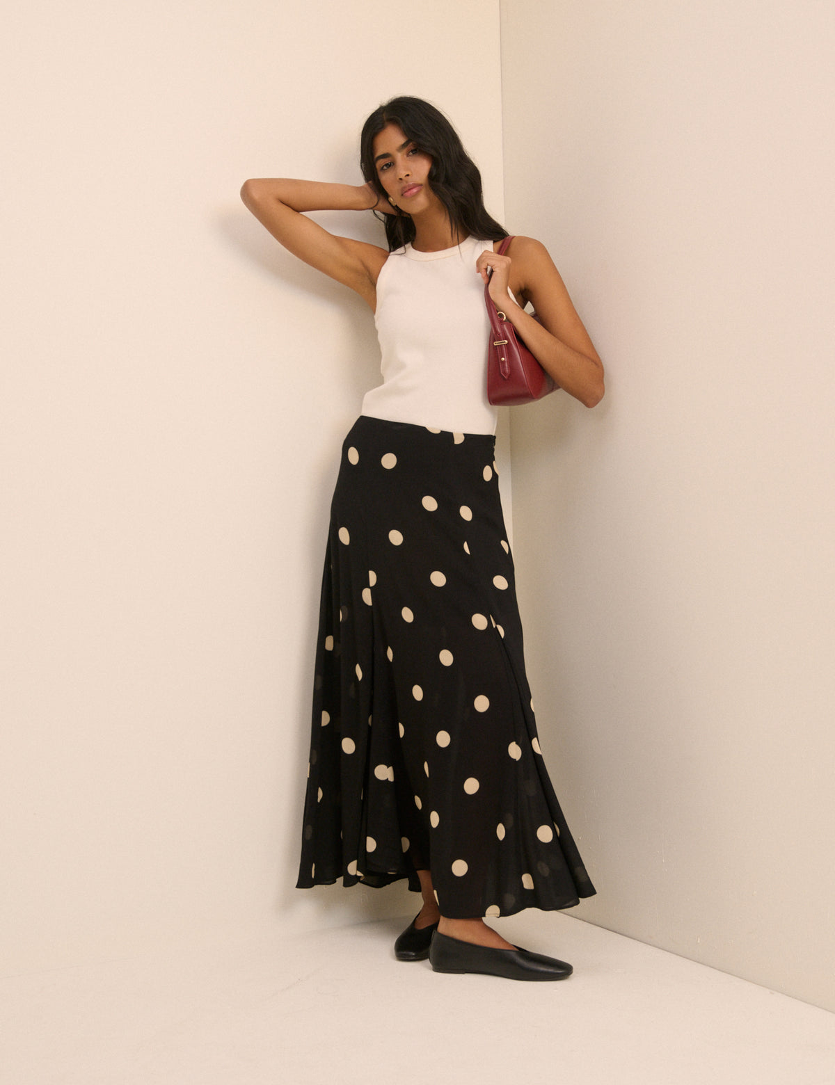 Black and Cream Polka Dot Selene Maxi Skirt