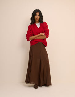 Brown high-waisted godet maxi skirt