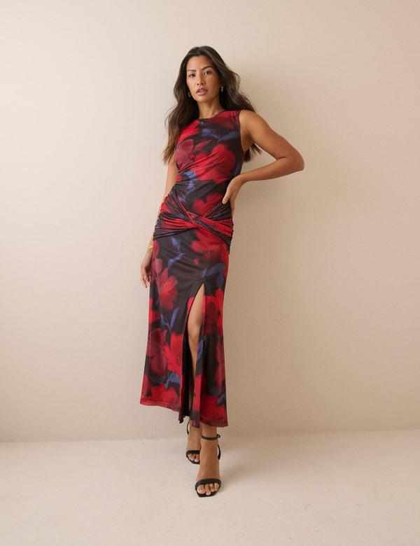 Red Floral Ruched Mesh Tammy Midi Dress