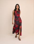 Red Floral Ruched Mesh Tammy Midi Dress
