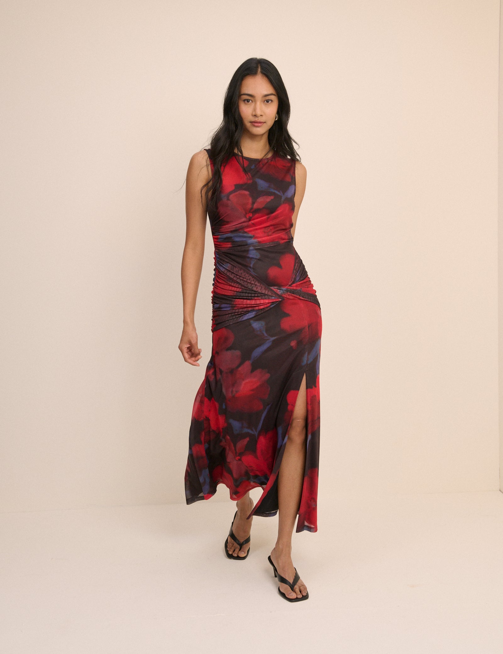 Red Floral Ruched Mesh Tammy Midi Dress
