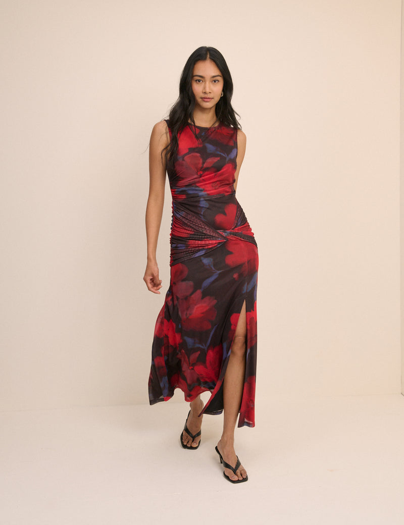 Red Floral Ruched Mesh Tammy Midi Dress
