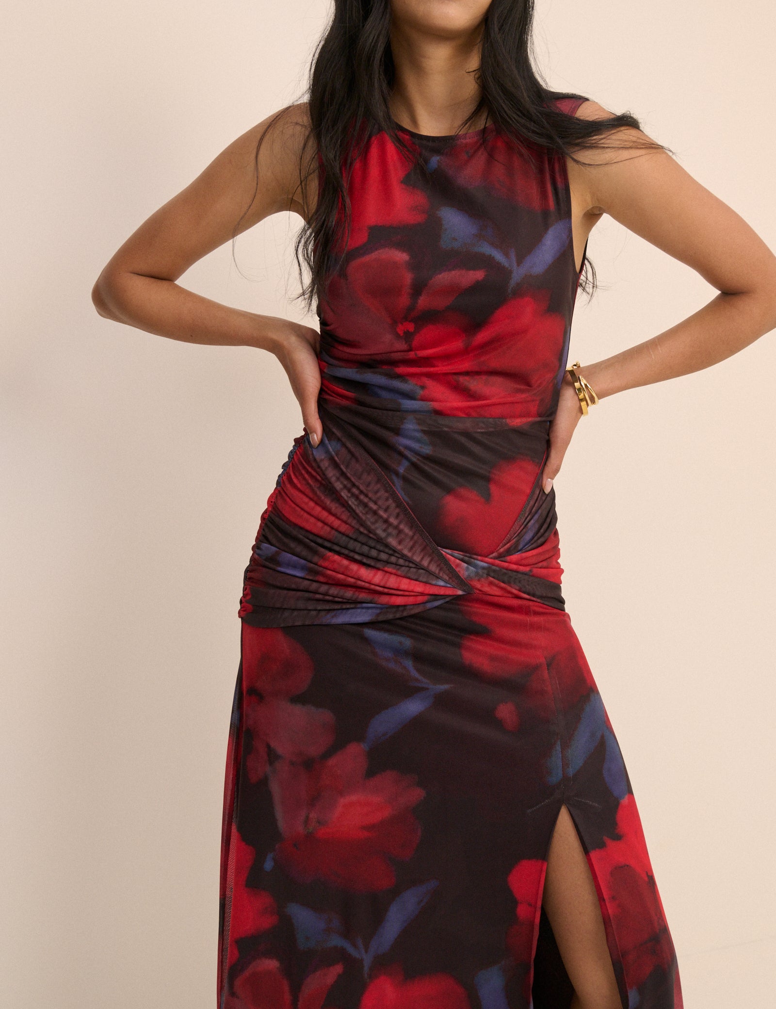 Red Floral Ruched Mesh Tammy Midi Dress