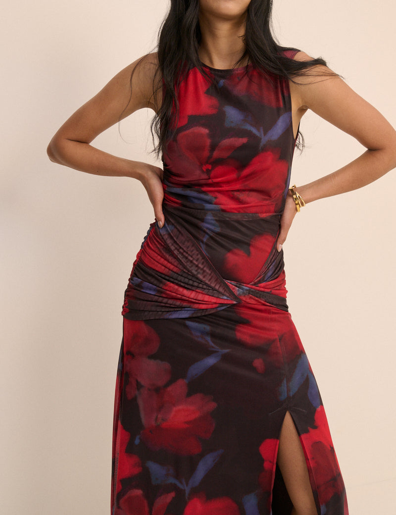 Red Floral Ruched Mesh Tammy Midi Dress