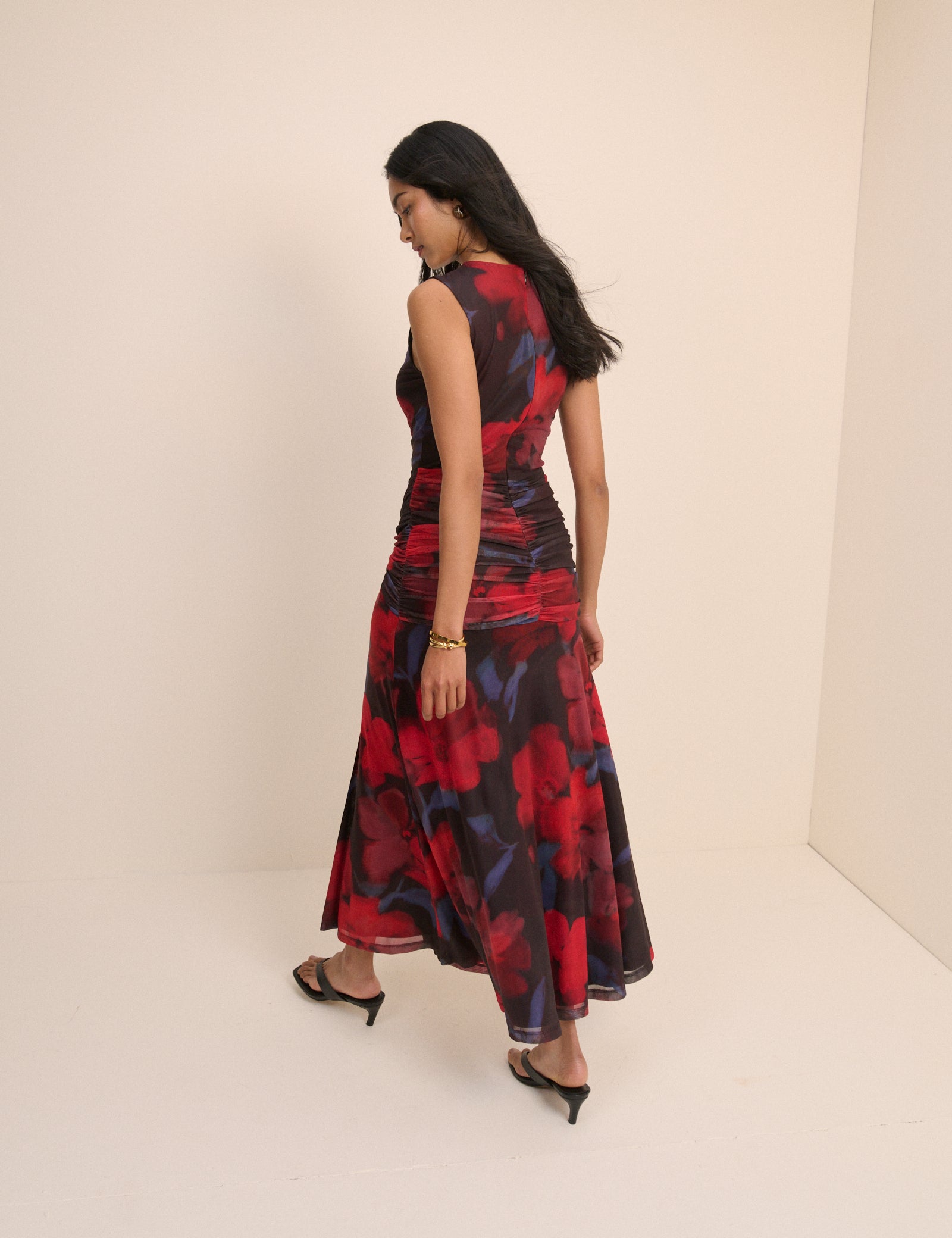 Red Floral Ruched Mesh Tammy Midi Dress