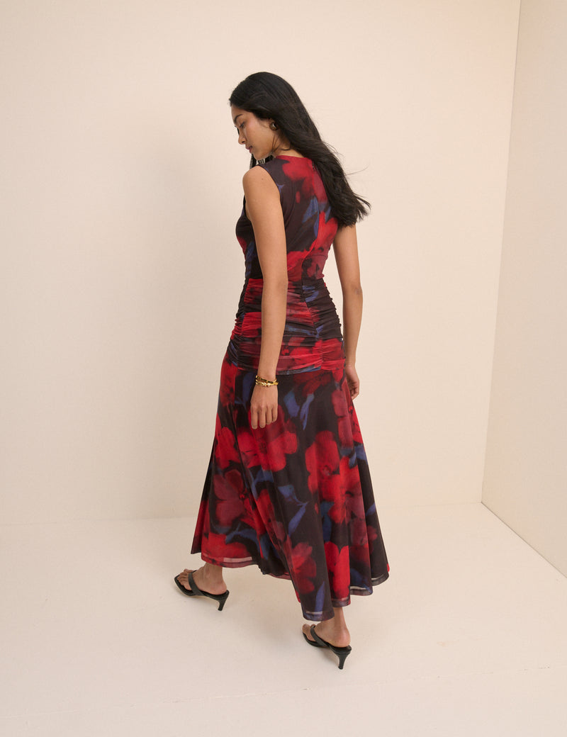 Red Floral Ruched Mesh Tammy Midi Dress