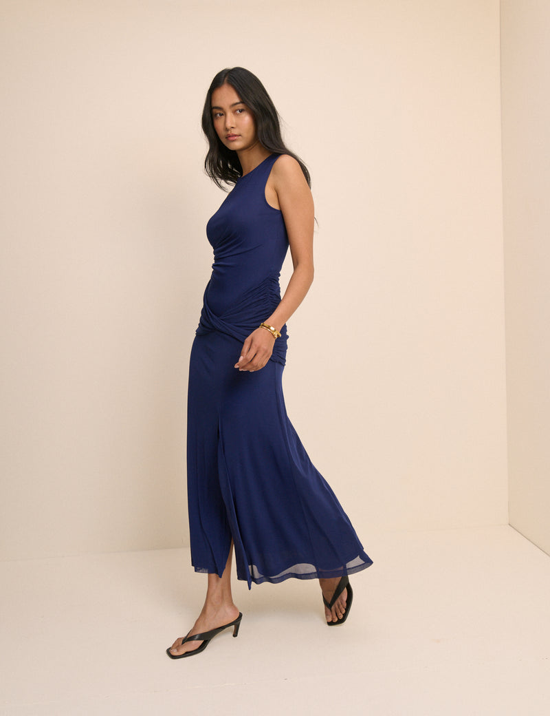 Navy Ruched Mesh Tammy Midi Dress