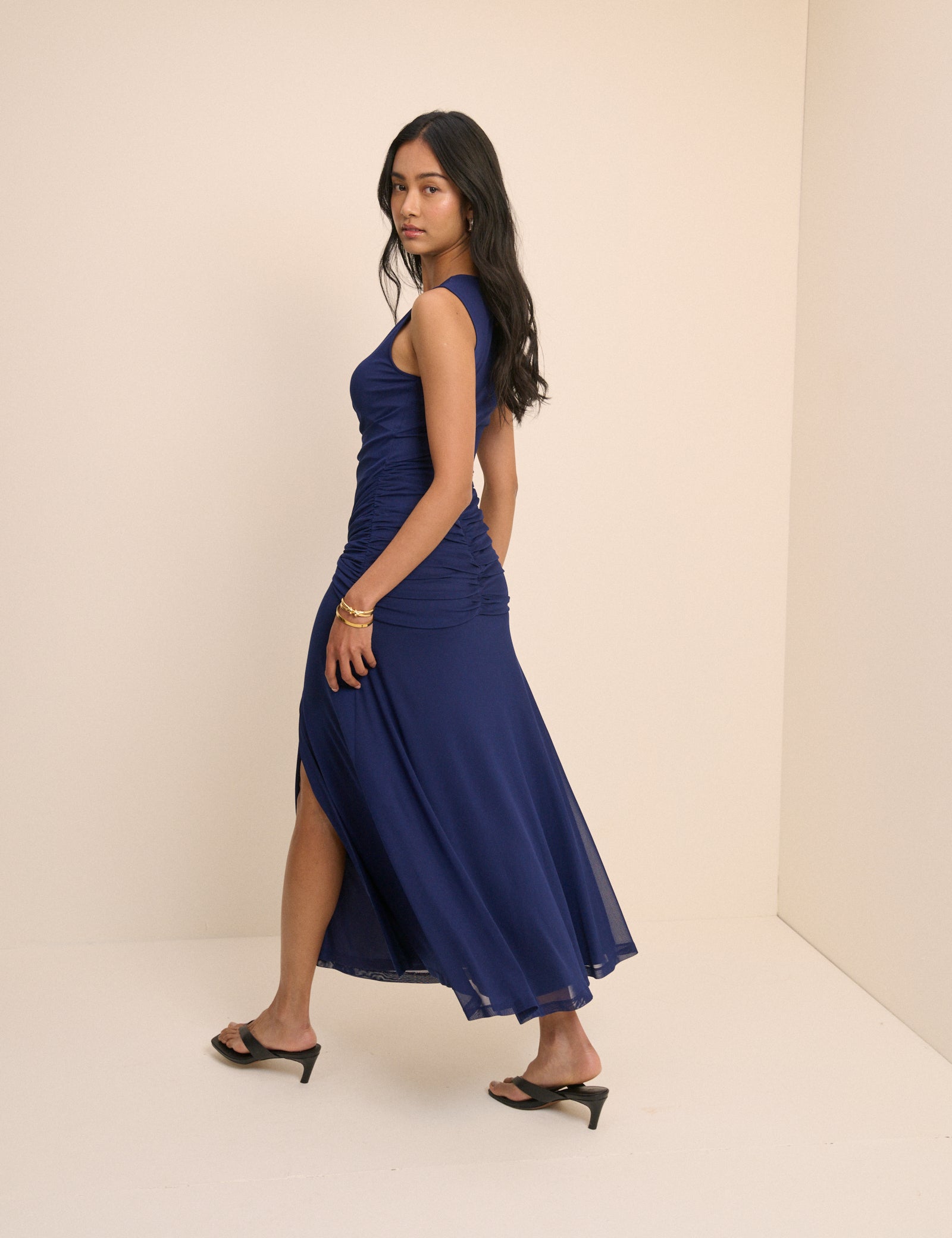Navy Ruched Mesh Tammy Midi Dress