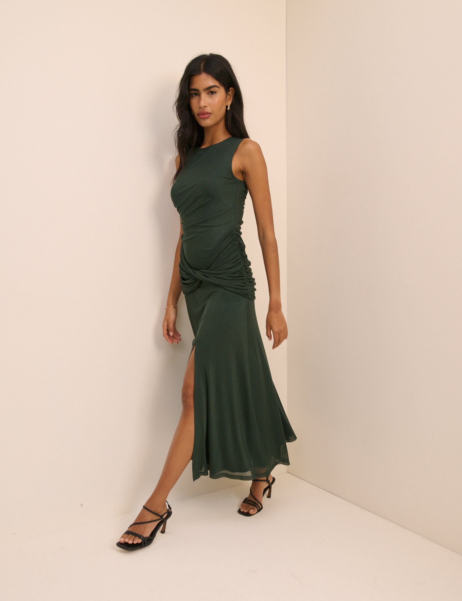 Green Ruched Mesh Tammy Midi Dress
