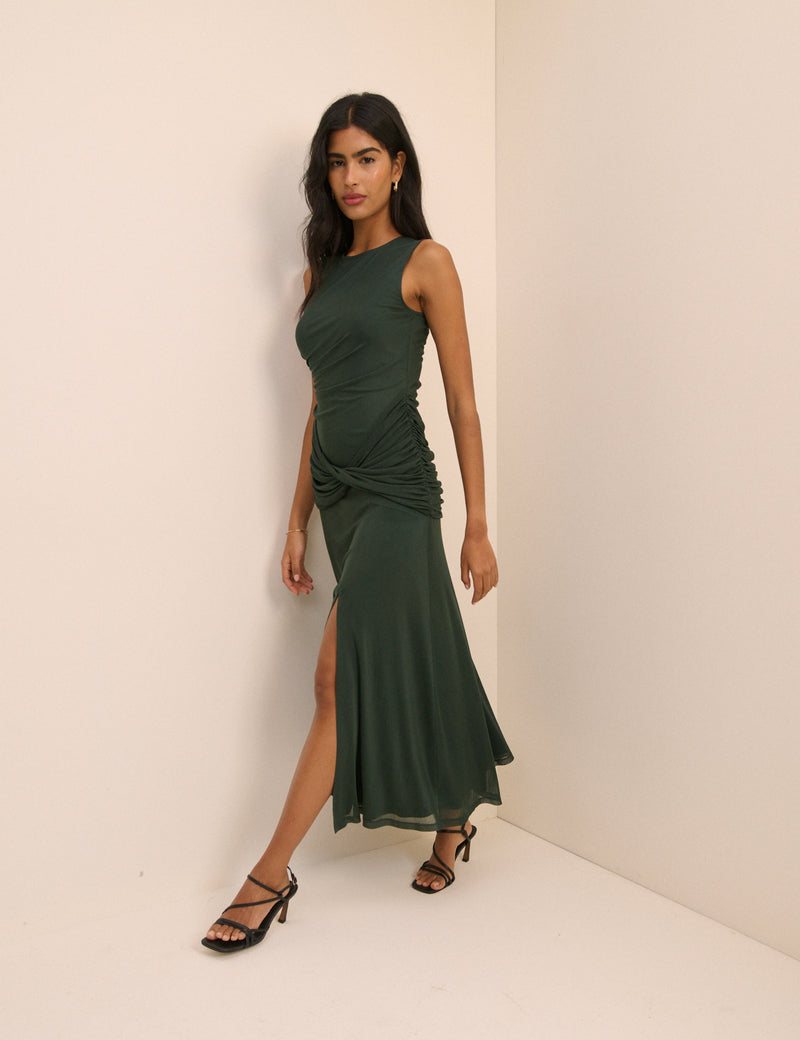 Green Ruched Mesh Tammy Midi Dress