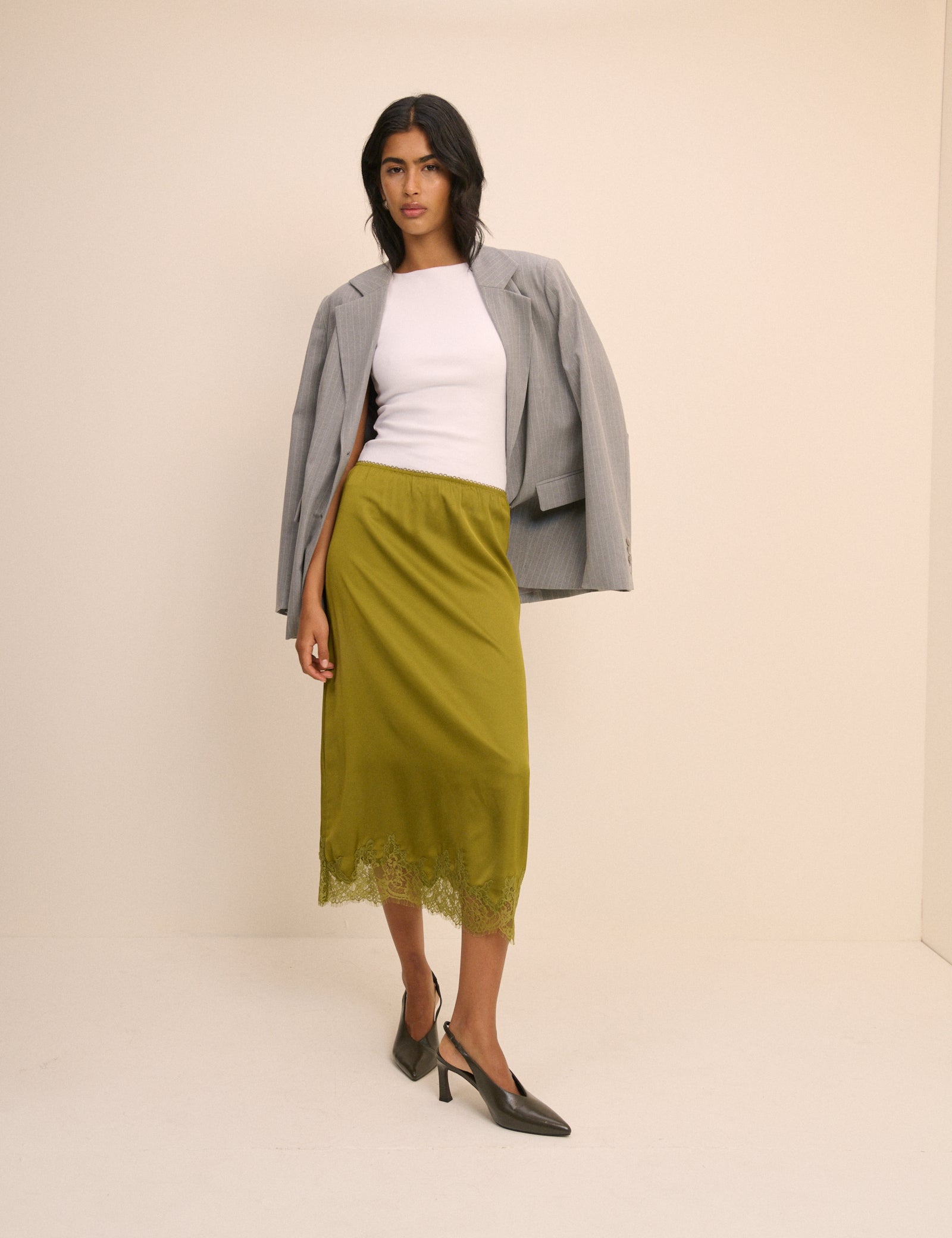 Green Lace Trim Satin Midi Slip Skirt