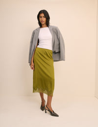 Green Lace Trim Satin Midi Slip Skirt