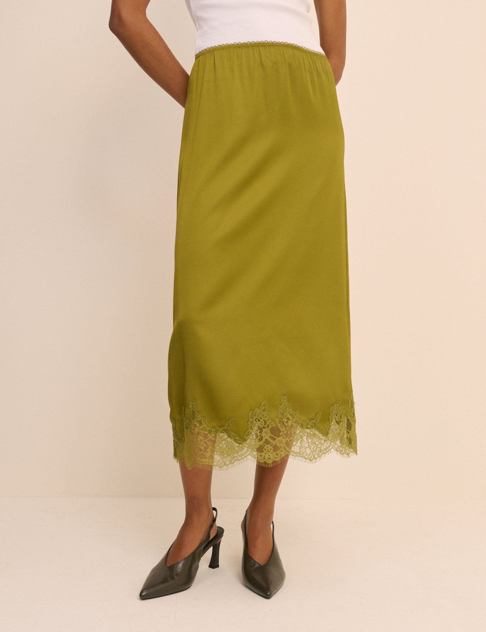 Green Lace Trim Satin Midi Slip Skirt
