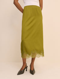 Green Lace Trim Satin Midi Slip Skirt