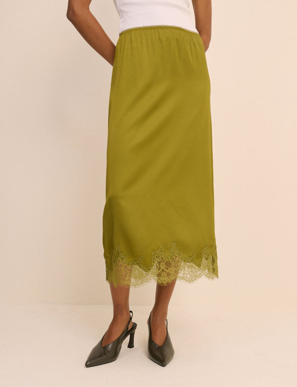 Green Lace Trim Satin Midi Slip Skirt