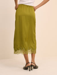 Green Lace Trim Satin Midi Slip Skirt