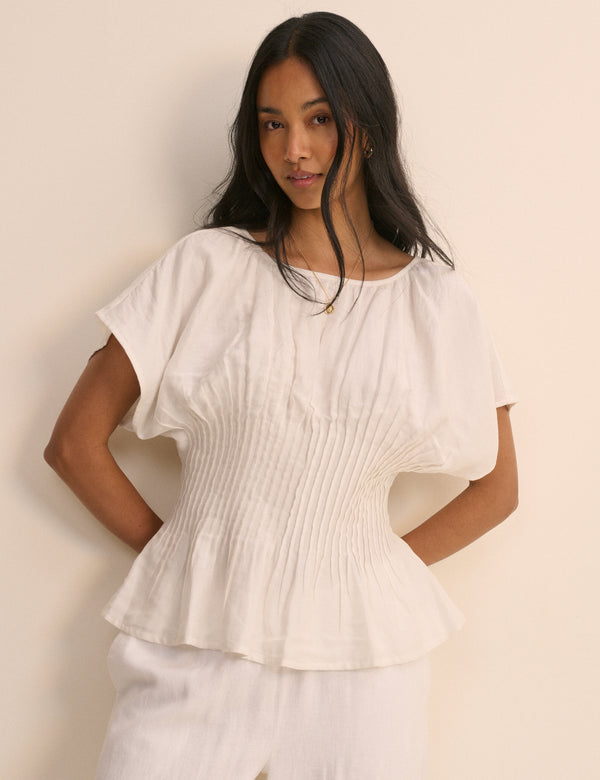 White Pintuck Short Sleeve Top