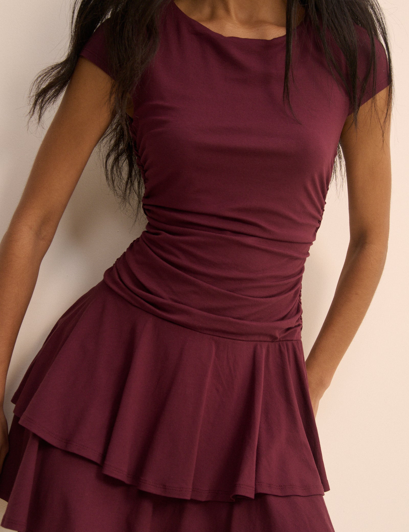 Burgundy Drop Waist Jersey Yuki Mini Dress