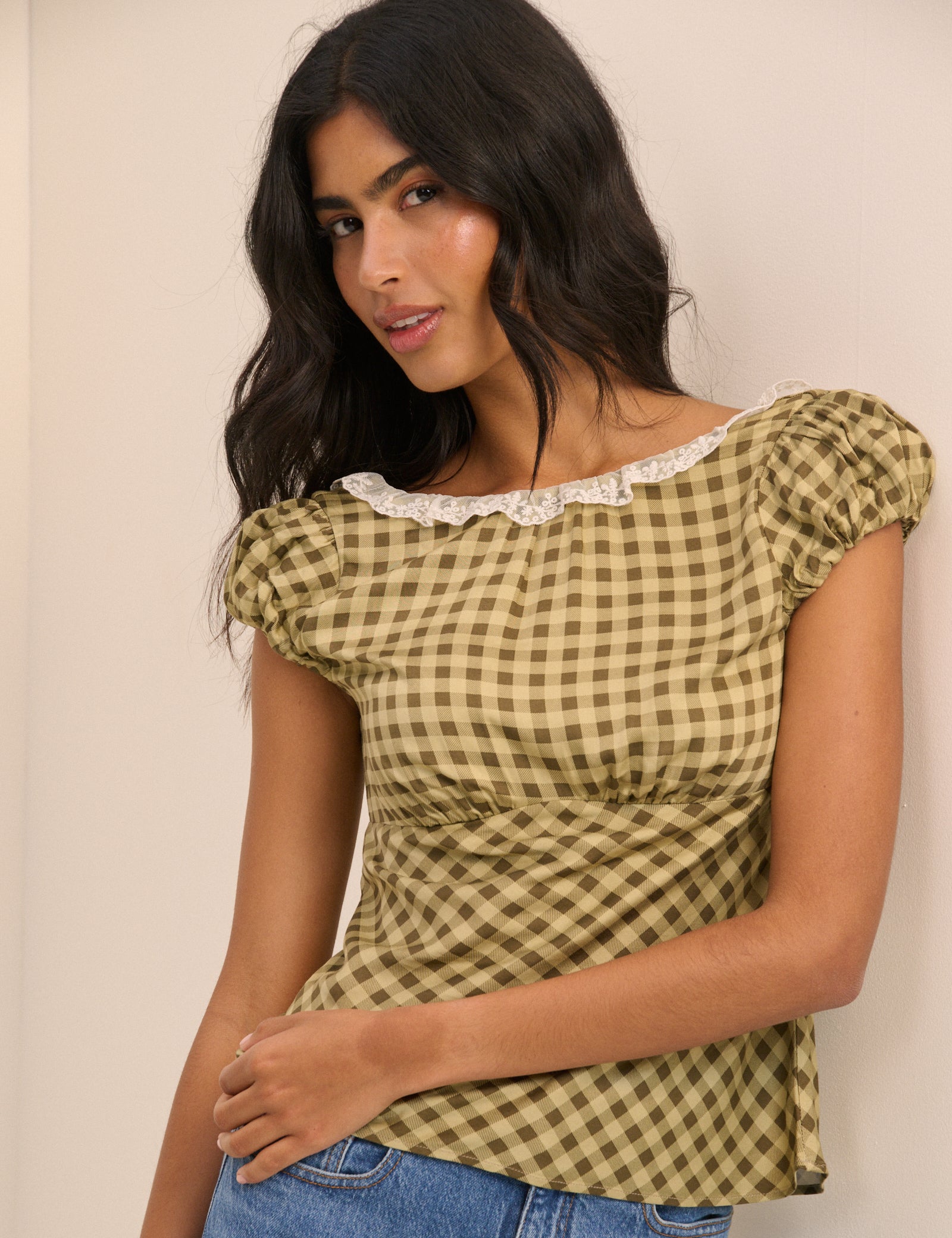 Green Gingham Puff Sleeve Dione Top