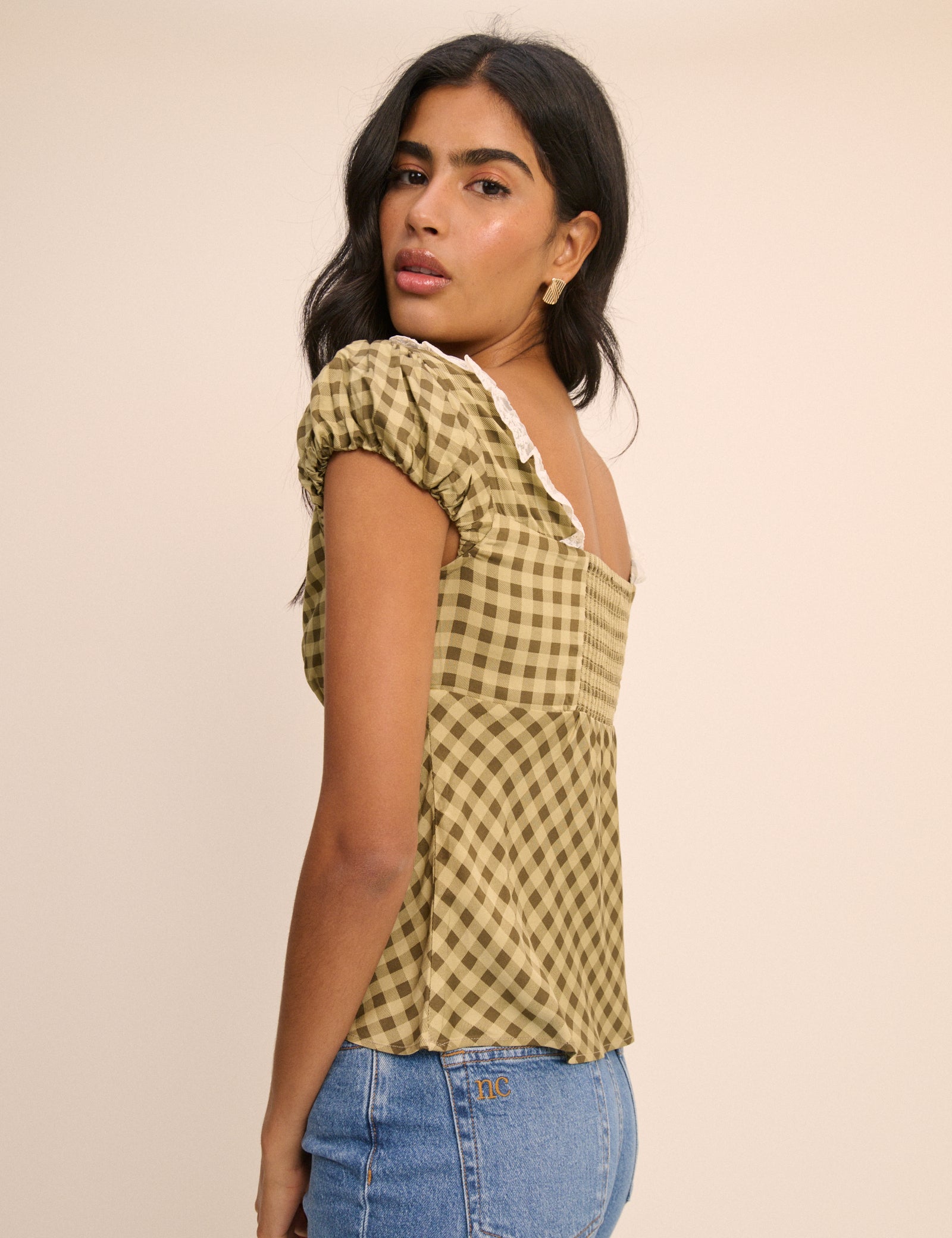 Green Gingham Puff Sleeve Dione Top