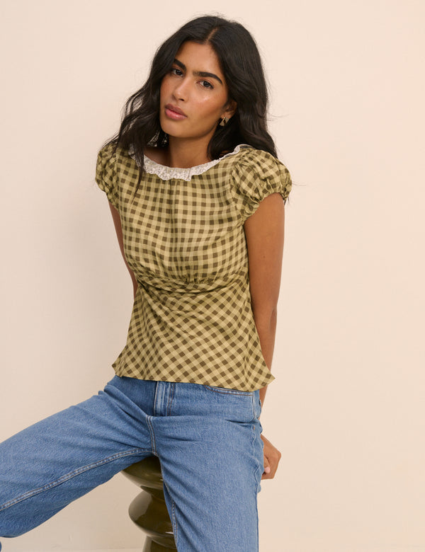 Green Gingham Puff Sleeve Dione Top