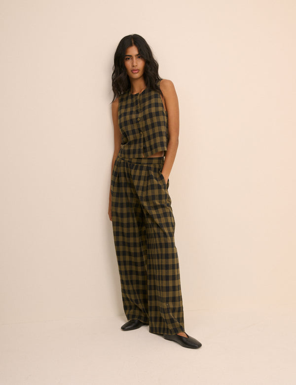 Green Check Linen-Blend Wide Leg Jerrow Trousers