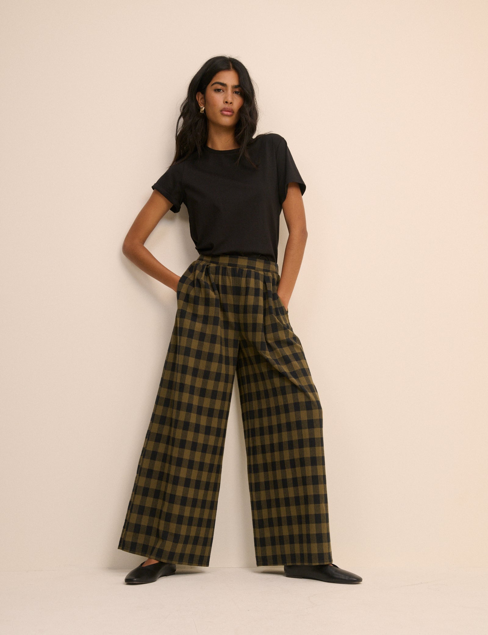 Green Check Linen-Blend Wide Leg Jerrow Trousers