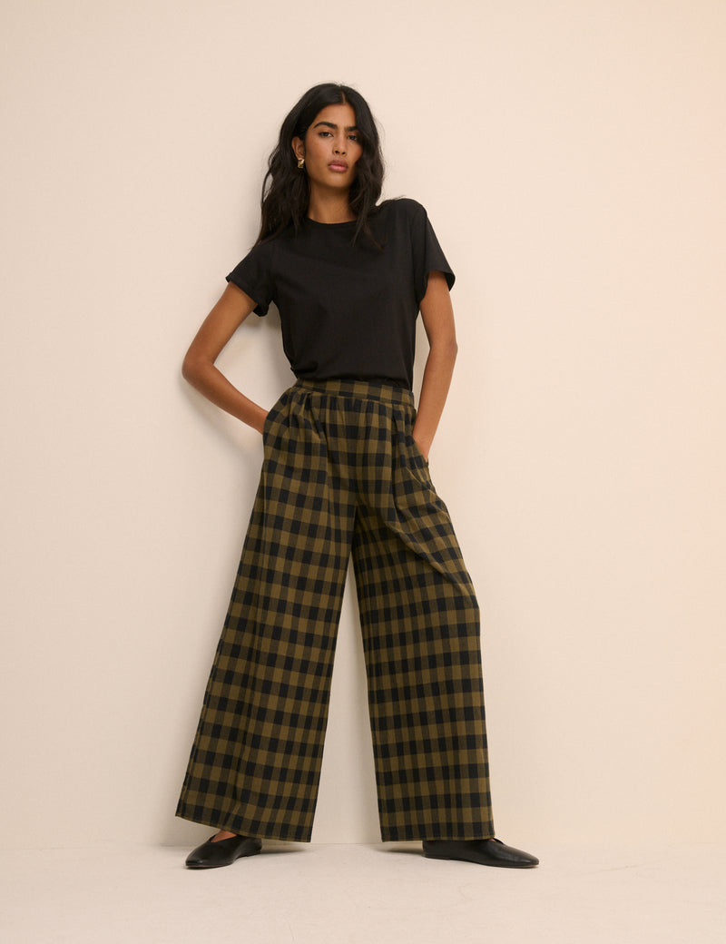 Green Check Linen-Blend Wide Leg Jerrow Trousers