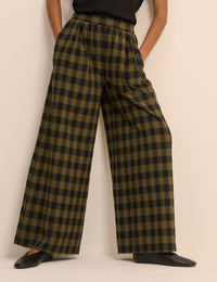 Green Check Linen-Blend Wide Leg Jerrow Trousers