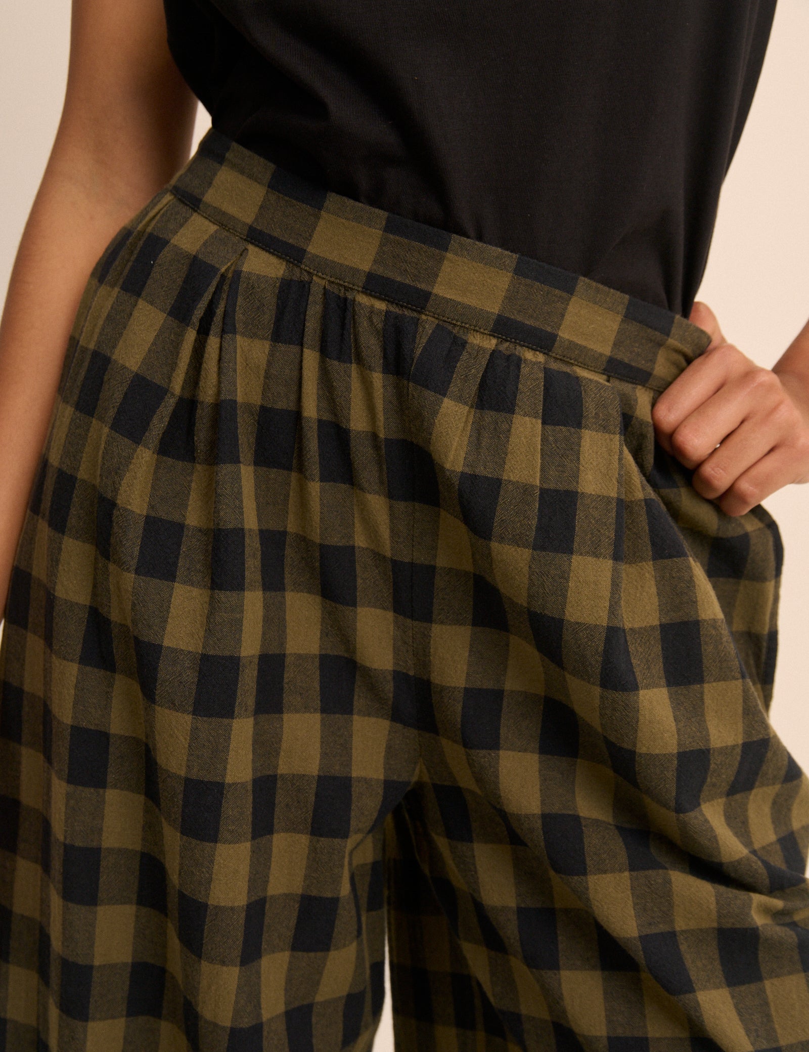 Green Check Linen-Blend Wide Leg Jerrow Trousers