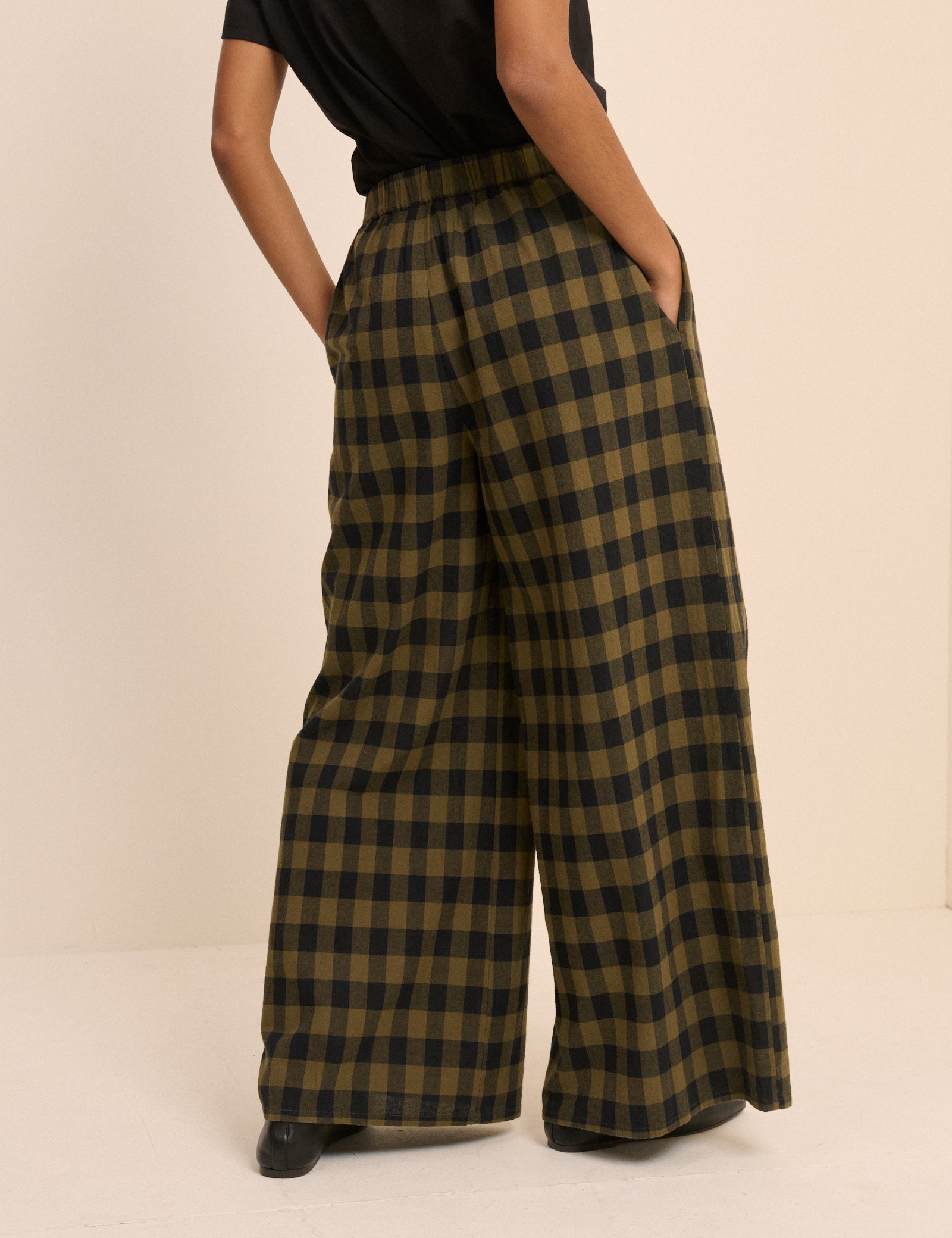 Green Check Linen-Blend Wide Leg Jerrow Trousers