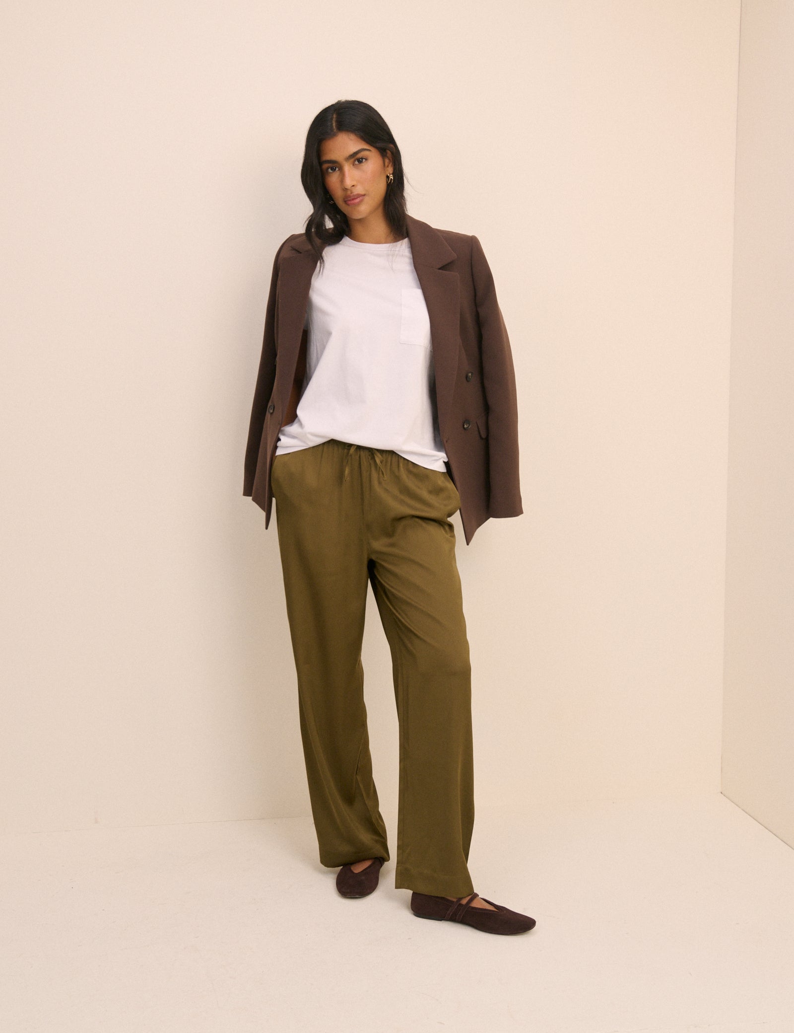 Khaki Satin Wide Leg Lyra Trousers