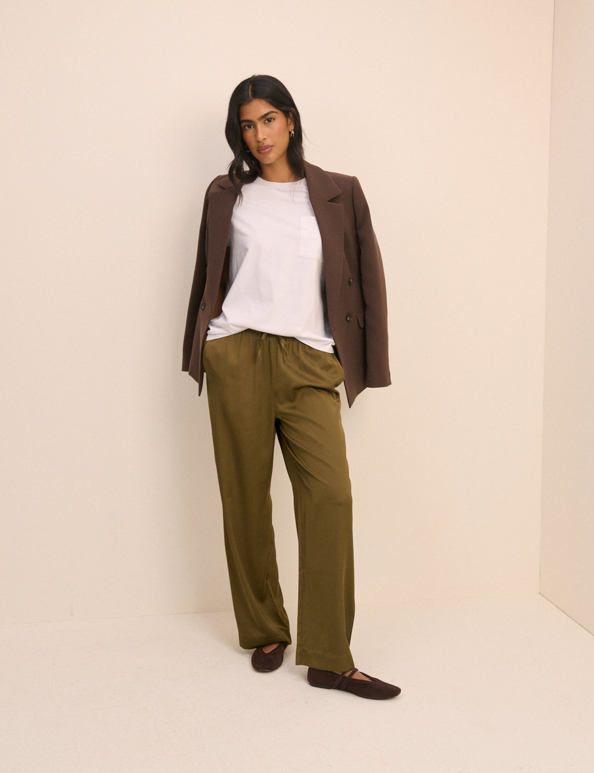 Khaki Satin Wide Leg Lyra Trousers