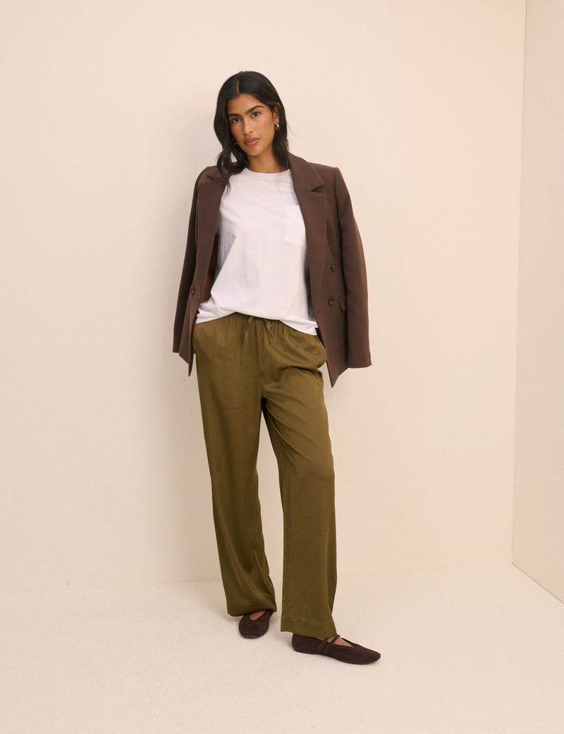 Khaki Satin Wide Leg Lyra Trousers
