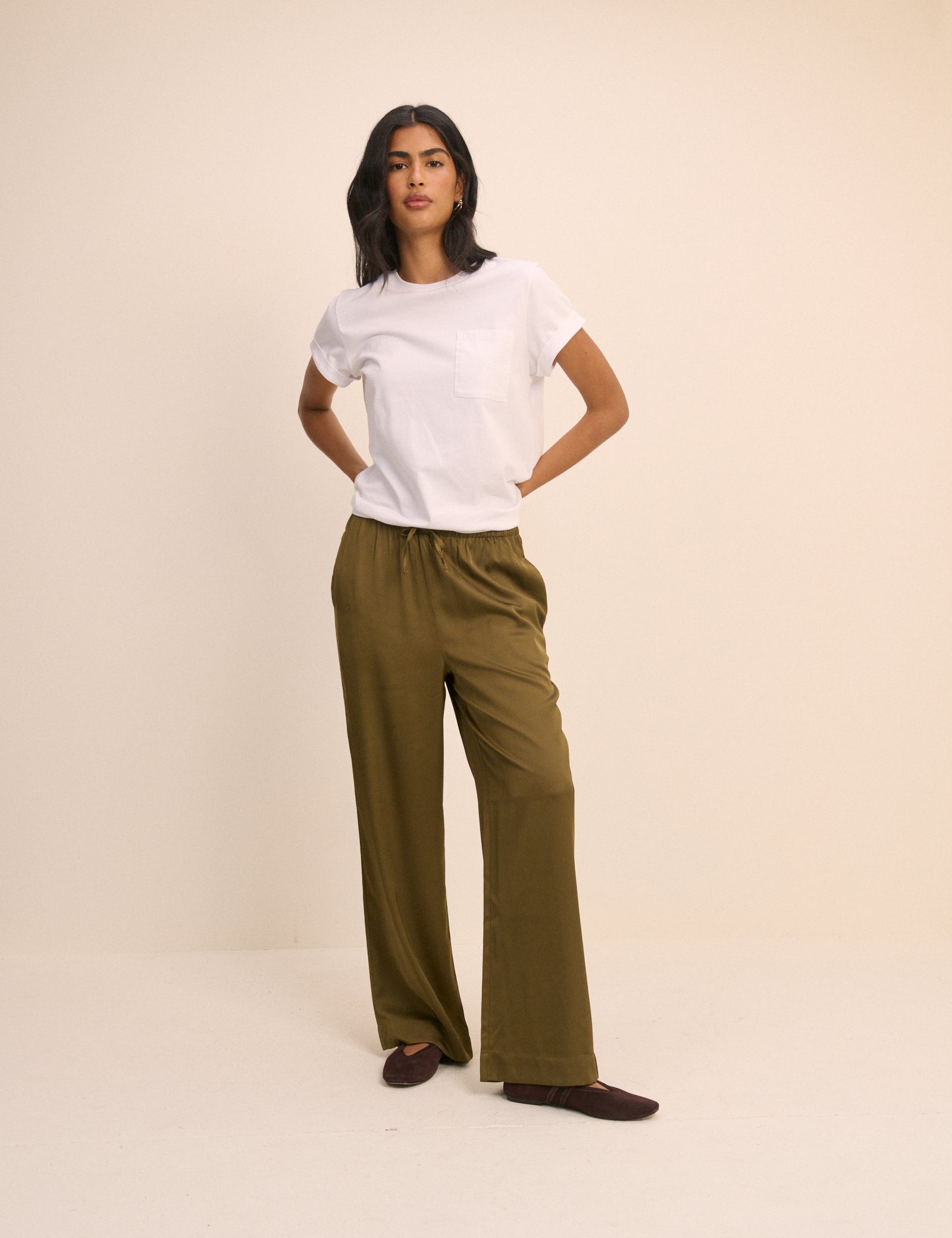 Khaki Satin Wide Leg Lyra Trousers